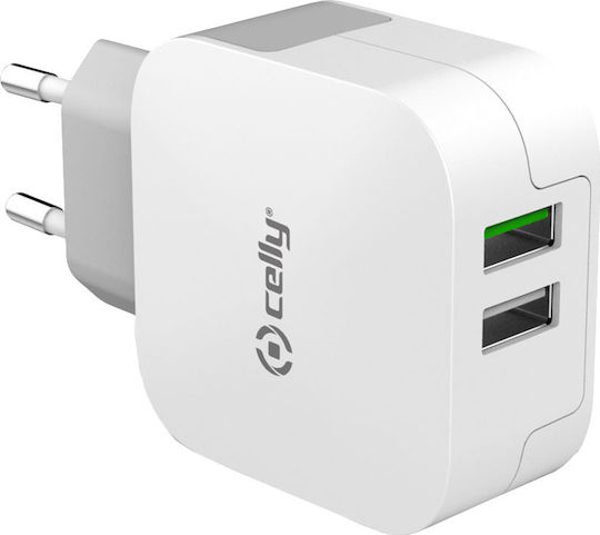 Celly Ladegerät ohne Kabel mit 2 USB-A Anschlüsse Weißs (TC2USBTURBO)