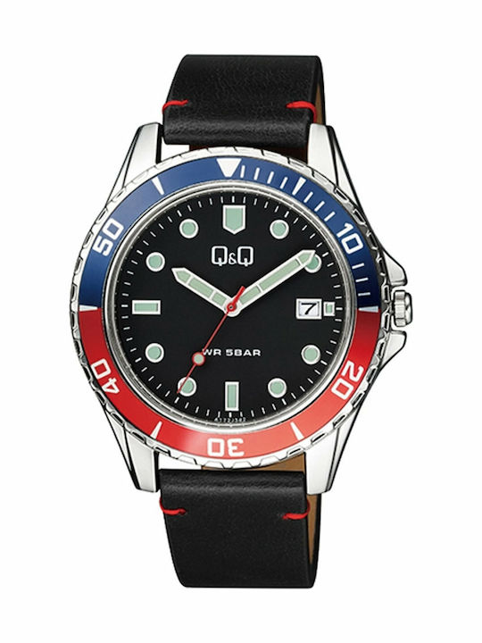 Q&Q Men's Watch 43mm Battery with Black Leather Strap