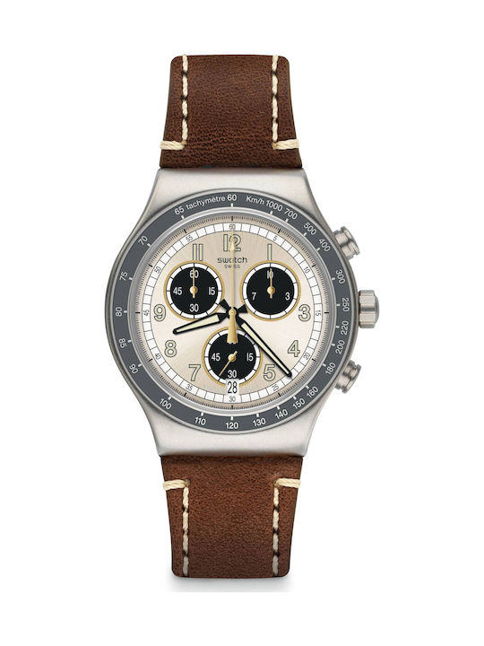 Swatch Rhum Battery Chronograph Watch with Leather Strap Brown