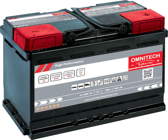 Omnitech Baterie Auto High Performance L3 AGM 70 cu Capacitate 70Ah și CCA 760A Pornire/Oprire