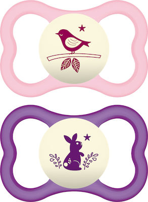 Mam Orthodontic Pacifiers Silicone Air Birdsong Pink - Purple Night with Case for 6+ months 2pcs