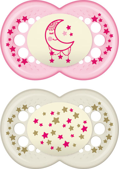 Mam Night Orthodontic Pacifiers Silicone Night Stars-Moon - Pink-White for 16+ months 2pcs