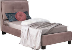 Riley Κρεβάτι Μονό Επενδυμένο με Ύφασμα Ροζ με Τάβλες για Στρώμα 90x200cm