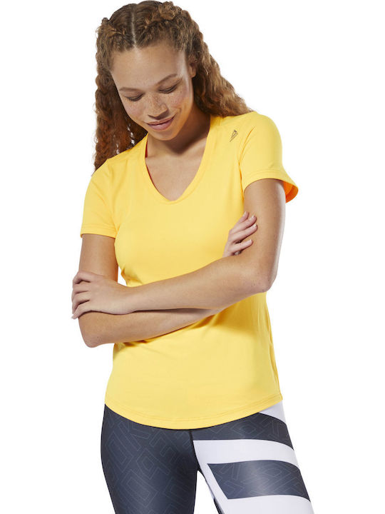 Reebok Workout Ready Speedwick Damen Sport T-Shirt Schnell trocknend mit V-Ausschnitt Polka Dot Gelb