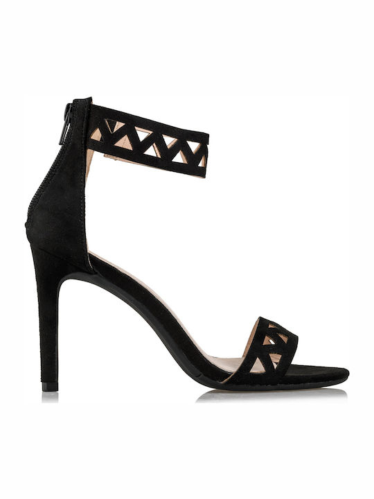 Suede Women's Sandals with Thin High Heel In Black Colour