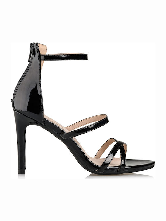 Envie Shoes Patent Leather Women's Sandals with Ankle Strap Black with Thin High Heel