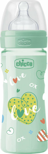 Chicco Plastic Bottle Well Being Anti-Colic with Silicone Nipple for 2+ months Green Love 250ml 1pcs