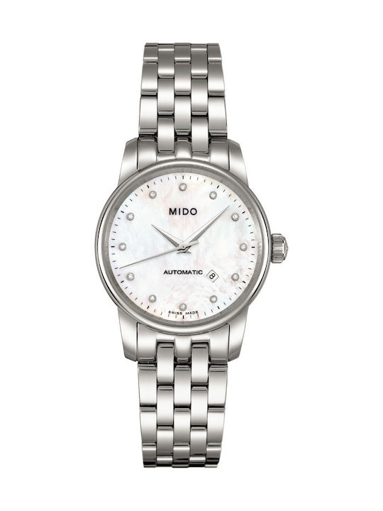 Mido Baroncelli II Γυναικείο Ρολόι 29mm Αυτόματο με Ασημί Μεταλλικό Μπρασελέ