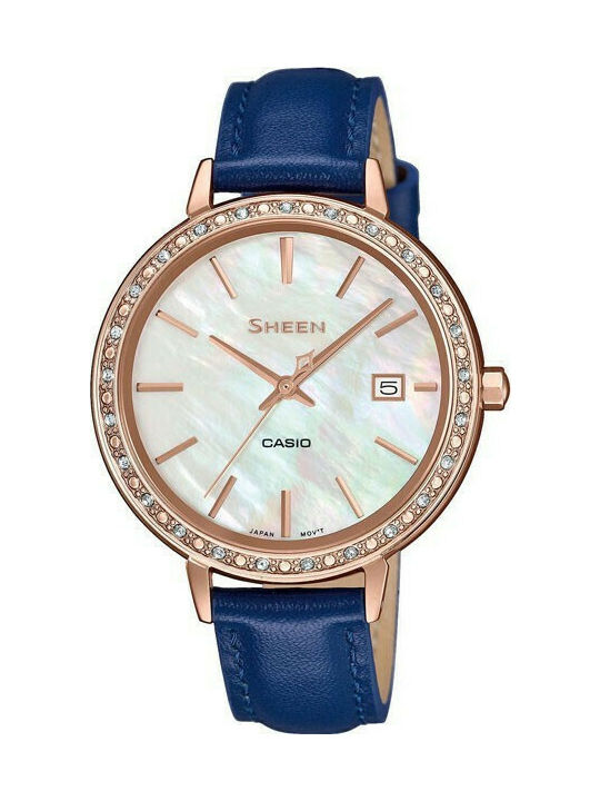 Casio Sheen Crystals Uhr mit Blau Lederarmband