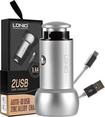 Ldnio C401 Car Charger 3.6A with Ports 2xUSB-A and Type-C Cable Grey Color