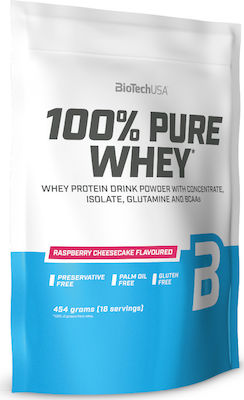 Biotech USA 100% Pure Whey with Concentrate, Isolate, Glutamine & BCAAs Molkenprotein Glutenfrei mit Geschmack Himbeer-Käsekuchen 454gr