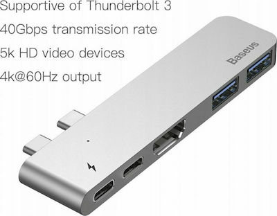 Baseus Docking Station με Διπλό USB-C HDMI 4K PD Ασημί (CAHUB-B0G)