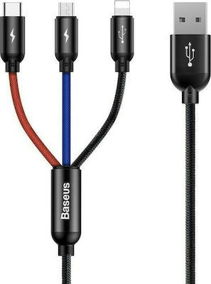 Baseus Three Primary Colors 3-in-1 Geflochten USB zu Blitzschlag / Typ-C / Micro-USB Kabel 3.5A Schwarz 0.3m (CAMLT-ASY01)