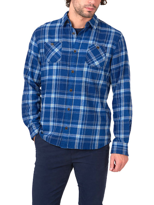 Funky Buddha Men's Shirt Long Sleeve Cotton Checked Indigo