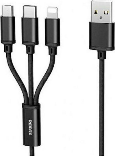 Remax Gition RC-131th Braided Cablu USB la Lightning / Type-C / micro USB cu mai multe porturi 2.8A Negru 1.15m