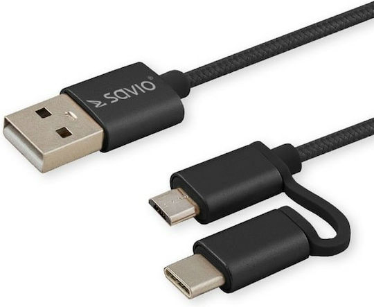Savio Braided USB to Type-C / micro USB Cable 2.1A Μαύρο 1m (CL-128)