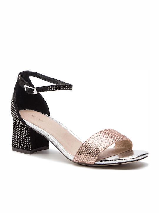 Menbur Fabric Women's Sandals with Strass & Ankle Strap Pink with Chunky Medium Heel