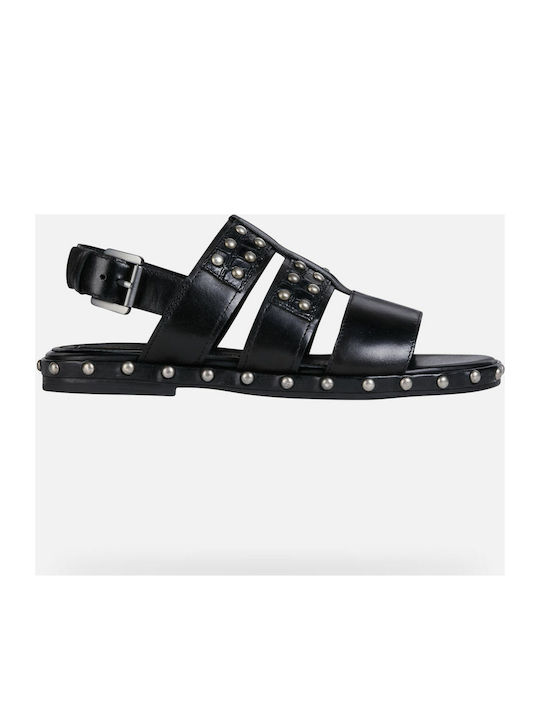 Geox D Kolleen B Leather Women's Flat Sandals In Black Colour