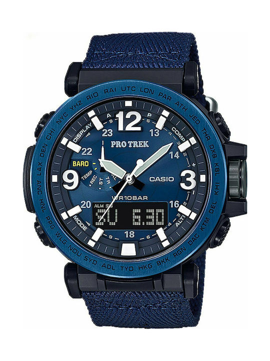 Casio Pro Trek Ανδρικό Ρολόι 51.5mm Solar με Μπλε Υφασμάτινο Λουράκι