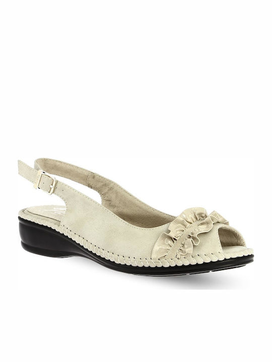 Δερμάτινες Peep Toe Γόβες με Λουράκι Μπεζ