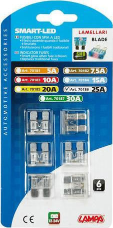 Lampa Smart-Led Indicator Fuses 12/24V 25A Σετ Ασφάλειες Αυτοκινήτου Μαχαιρωτές 6τμχ
