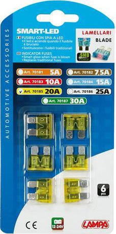 Lampa Smart-Led Indicator Fuses 12/32V 20A Σετ Ασφάλειες Αυτοκινήτου Μαχαιρωτές 6τμχ