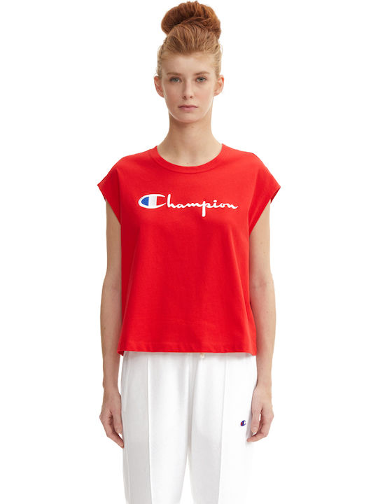 Champion Reverse Weave Oversized Script Logo Women's Cotton Blouse Short Sleeve Red