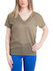 Only Summer Women's Linen Blouse Short Sleeve with V Neckline Brown / Crocodile