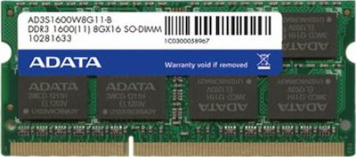 Adata 8GB DDR3 RAM με Ταχύτητα 1600 για Laptop