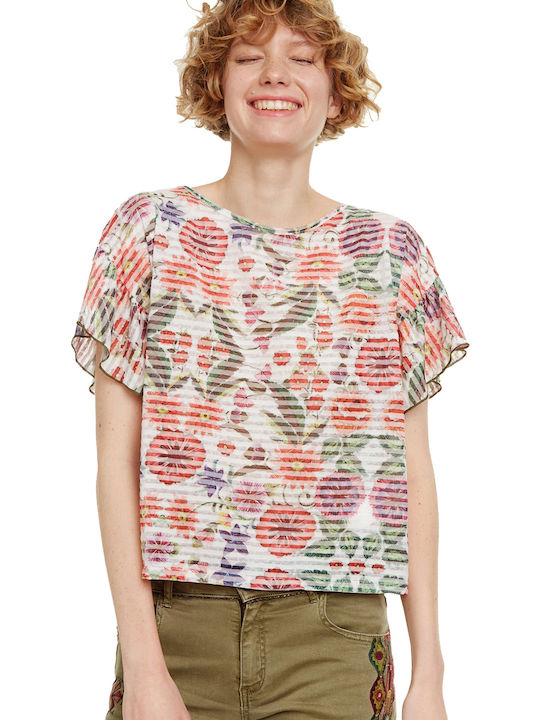 Desigual Karina Women's Summer Blouse Short Sleeve Floral White