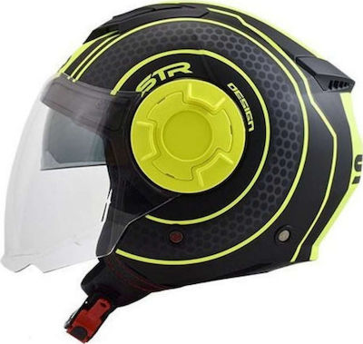 STR Tron Jet Helmet with Sun Visor ECE 22.05 1100gr Black Matt-Yellow ST071BKYLS