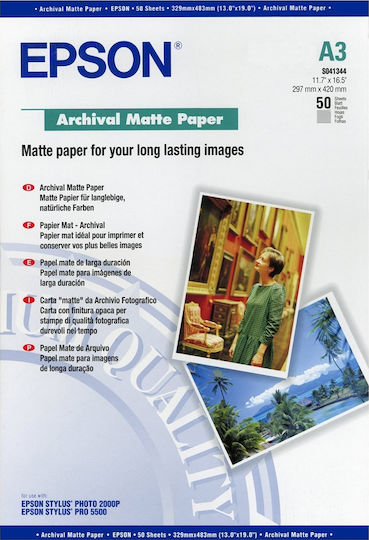 Epson Archival Matte Paper Φωτογραφικό Χαρτί A3 192gr/m² για Εκτυπωτές Inkjet 50 Φύλλα