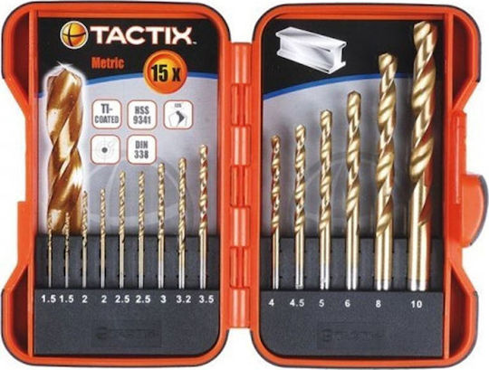 Tactix Σετ 15 Τρυπάνια Τιτανίου με Κυλινδρικό Στέλεχος για Ξύλο και Μέταλλο