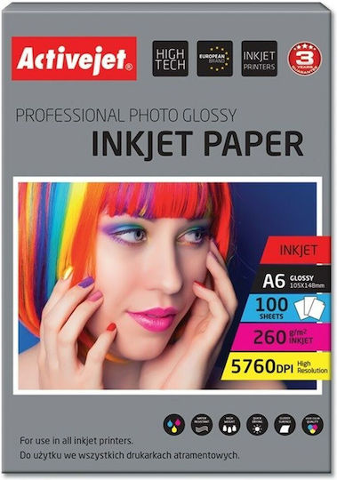Active Jet Premium Photo Glossy Photo Paper A6 (10x15) 260gr/m² for Printers Inkjet 100 Sheets