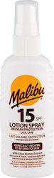 Malibu Lotion Spray Medium Protection Waterproof Waterproof Sunscreen Lotion for the Body SPF15 in Spray 100ml