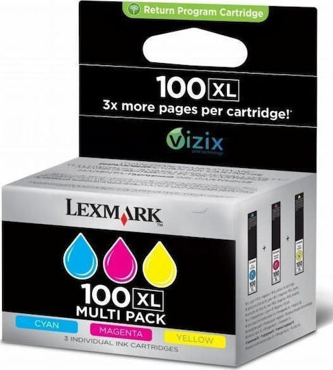 Lexmark 100XL Original Pack of 3 InkJet Printer Inks Yellow / Cyan / Magenta (14N0850B)