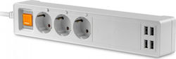 V-TAC Πολύπριζο Ασφαλείας 3 Θέσεων με Διακόπτη και 4 USB Λευκό