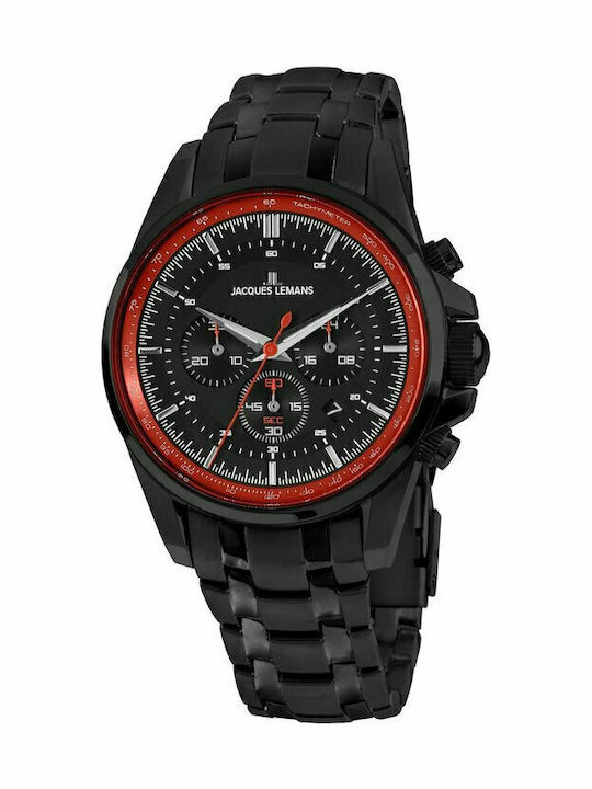 Jacques Lemans Liverpool Ανδρικό Ρολόι 44mm Χρονογράφος Μπαταρίας με Μαύρο Μεταλλικό Μπρασελέ