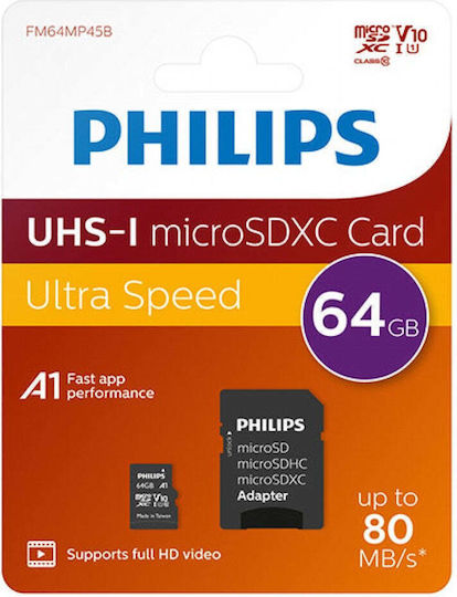 Philips Microsdxc 64gb Class 10 U1 Uhsi microSDXC 64GB U1 UHS-I με αντάπτορα