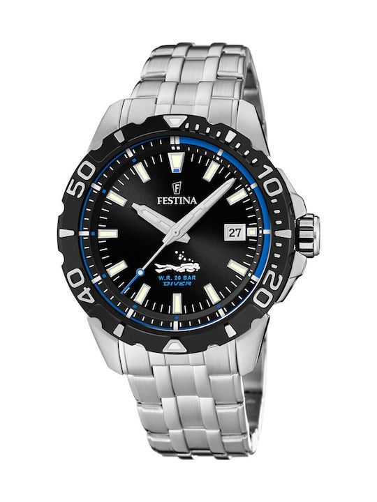 Festina Diver Ανδρικό Ρολόι 44mm Μπαταρίας με Ασημί Μεταλλικό Μπρασελέ