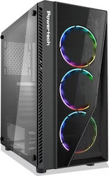 Powertech PT-743 Gaming Midi Tower Computer Case with Window Panel and RGB Lighting Black