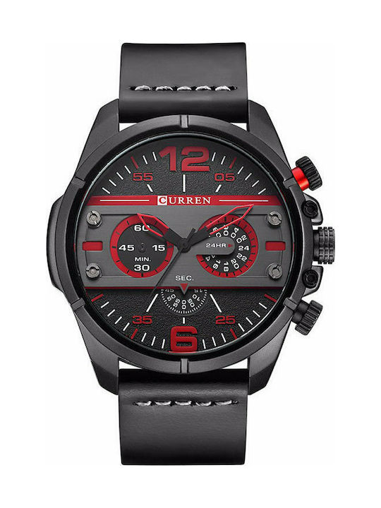 Curren Watch Chronograph Battery with Leather Strap Black / Red
