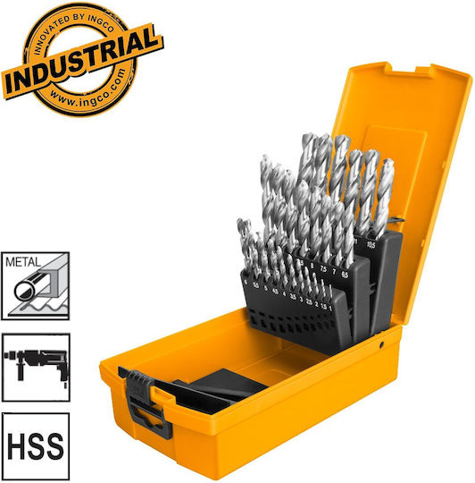 Ingco Set of 25 1-13mm Drills HSS with Cylindrical Shank for Metal