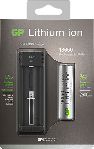 GP Batteries L111 USB Φορτιστής Μπαταριών Li-ion Μεγέθους 18650/26650/14500 Σετ με 1x 18650 2600mAh