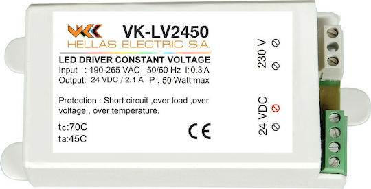 VK Lighting Adjustable Dimmable LED Power Supply IP20 Power 50W with Output Voltage 24V