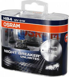 Osram Λάμπες Αυτοκινήτου Night Breaker Unlimited +110% HB4-9006 Αλογόνου 4700K 12V 51W 2τμχ