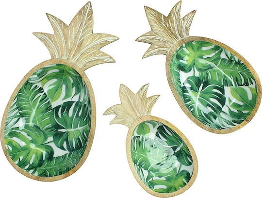 Zaros Wooden Bowl Pineapple Design Enamel Decor Leaves Set 3 Pieces 48x25x9 Decorative Bowl Green