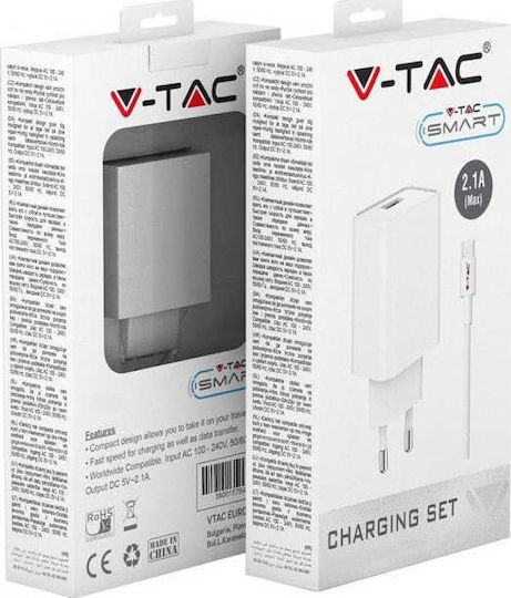 V-TAC Charger with USB-A Port and Cable micro USB Whites (VT-5371)