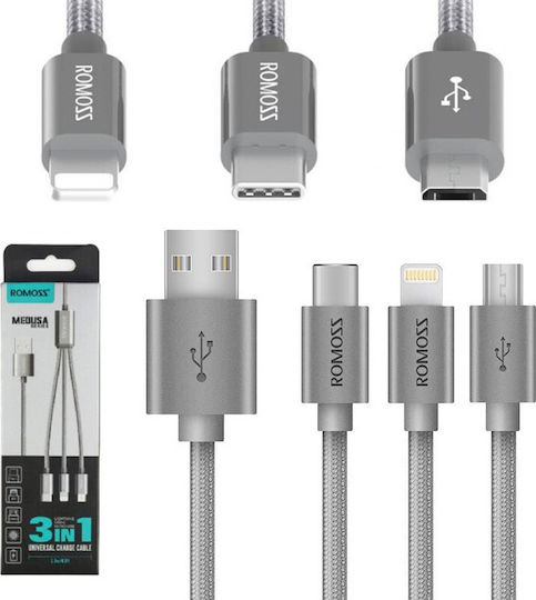 Romoss Mesuda Series Braided USB to Lightning / Type-C / micro USB Cable 3A Ασημί 1.5m (CB25n)