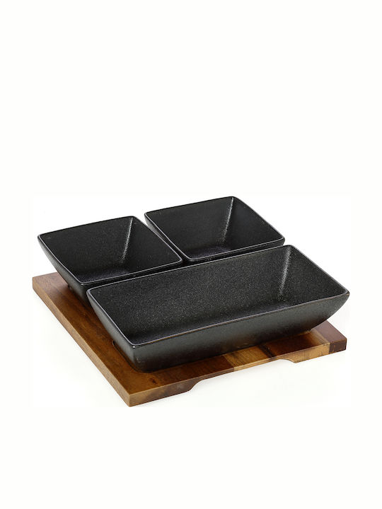 Cryspo Trio Porcelain Dessert Divided Serving Tray with 3 Slots Acacia Black 20.5x20.5cm